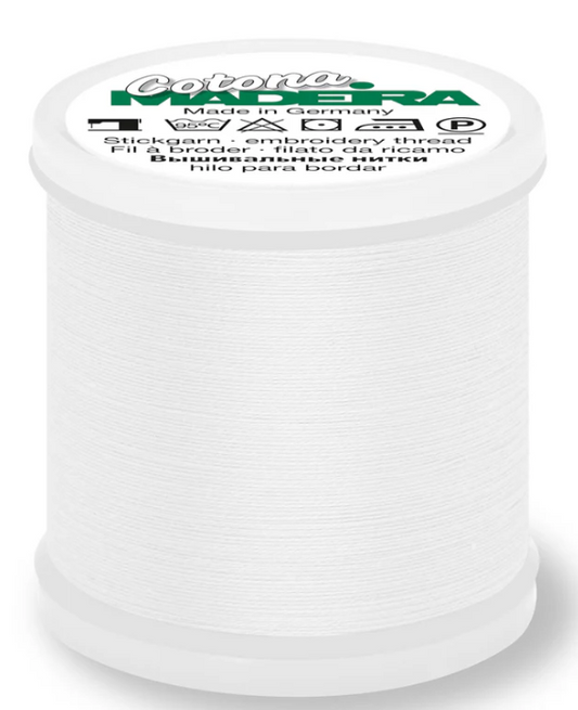 Spool of Madeira Cotona 80wt thread in White, color 502