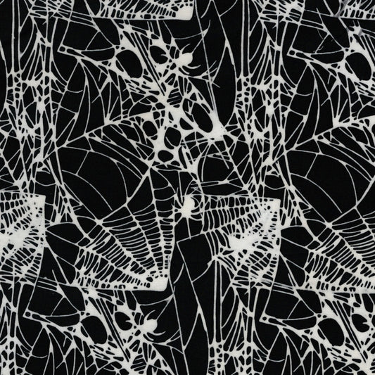 Island Batik Boo Bash Spiders and Webs quilting fabric in Black, a hand-dyed Halloween batik
