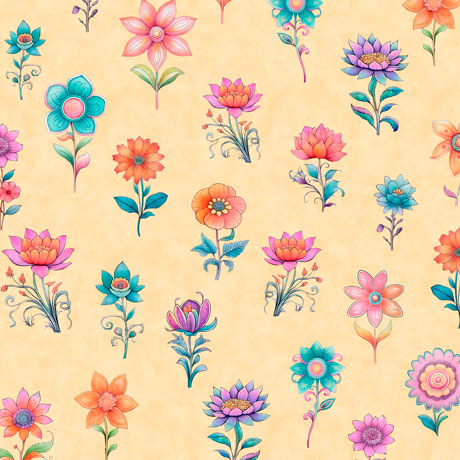 Spring Bling Stemmed Flowers Peach QT Fabrics quilting fabric