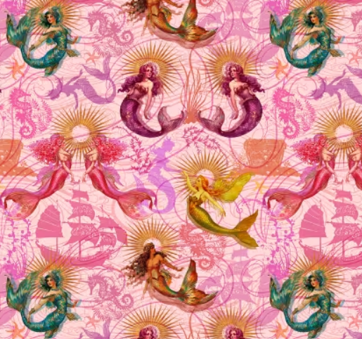Michael Miller Divine Oceania Mermaid Pink scenic print quilting cotton fabric