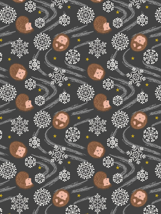 Lewis & Irene Christmas in Bluebell Wood snowflake hedgehog on night time, C142C cotton
