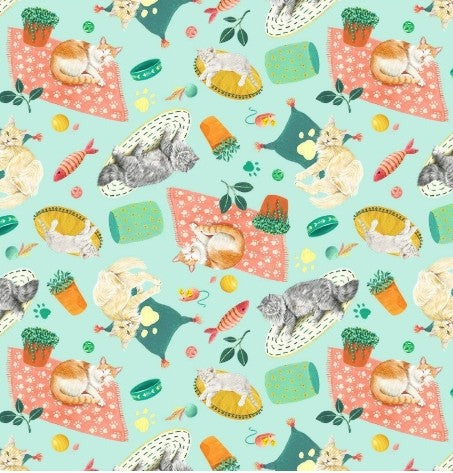Timeless Treasures Feline Fanatic Lounging Cats green CD4149 quilting cotton