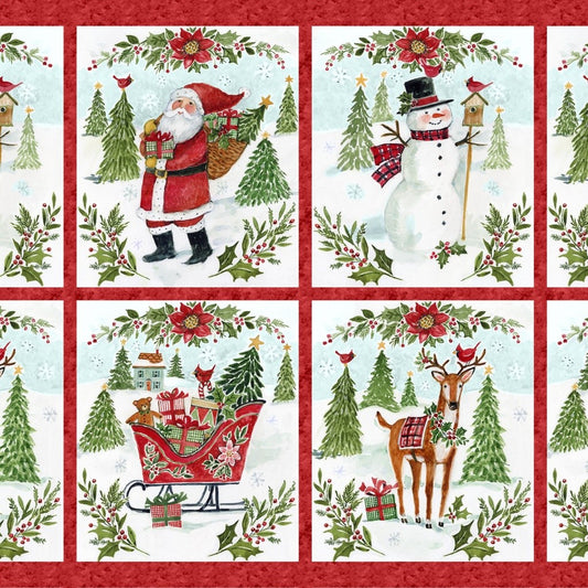 Snowy Greetings Multi Christmas banner cotton panel by Susan Winget for White Owl Textiles
