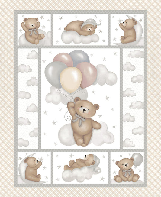 Sleepy Teddy panel Oatmeal Gray Studio E printed teddy bear quilt panel