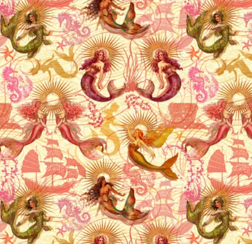Michael Miller Divine Oceania Mermaid Butter scenic print quilting cotton fabric