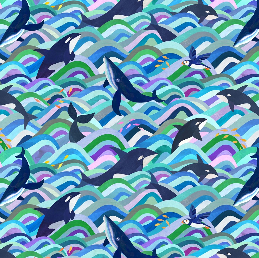 Michael Miller Multi Whale Dance multicolor novelty quilting cotton