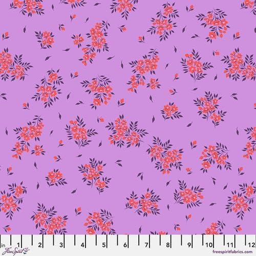 True Colors Quilt Fabric by Tula Pink for Free Spirit Fabrics, What a Ditz, Heliotrope Purple with Coral Floral Pattern