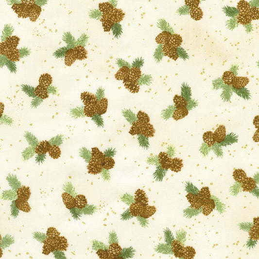 Robert Kaufman Holiday Flourish Forest Glen metallic Christmas cotton in Cream, SKU SRKM-23707-84