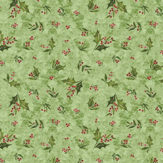 Snowy Greetings Holly Toss Green Christmas quilting cotton by Susan Winget for White Owl Textiles