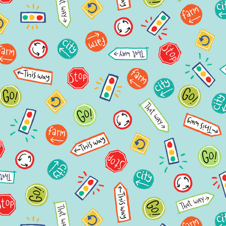 Street Sign Toss Aqua novelty children's quilting fabric
