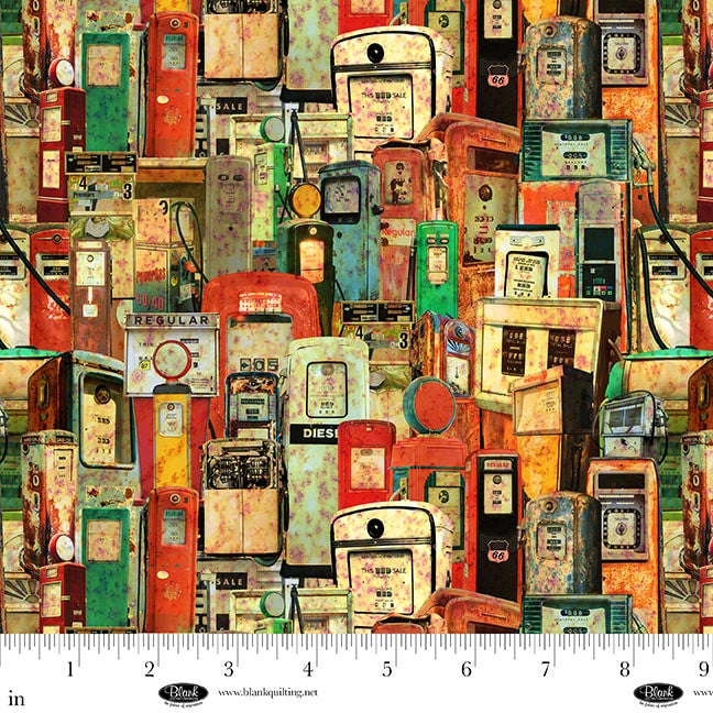 Blank Historic Highway Gas Pumps 4480-33 multicolor Route 66 fabric