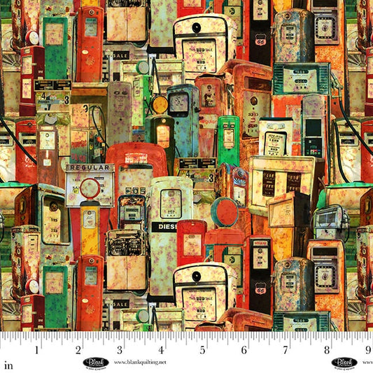 Blank Historic Highway Gas Pumps 4480-33 multicolor Route 66 fabric