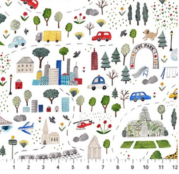 FIGO Mini Metropolis White Cityscape 91189-10 quilting cotton fabric