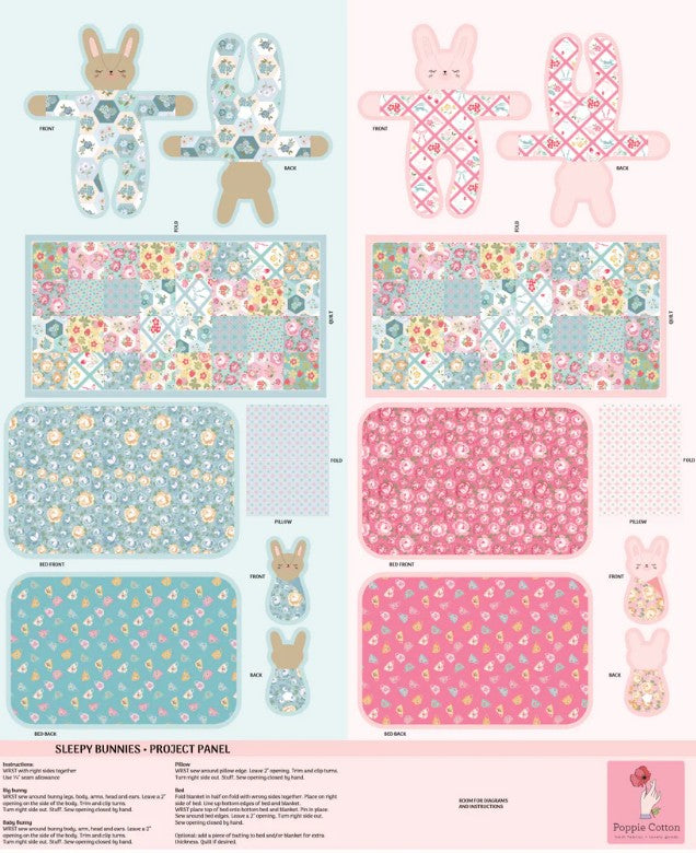 Sleeping Bunnies Panel Multi Poppie Cotton fabric panel