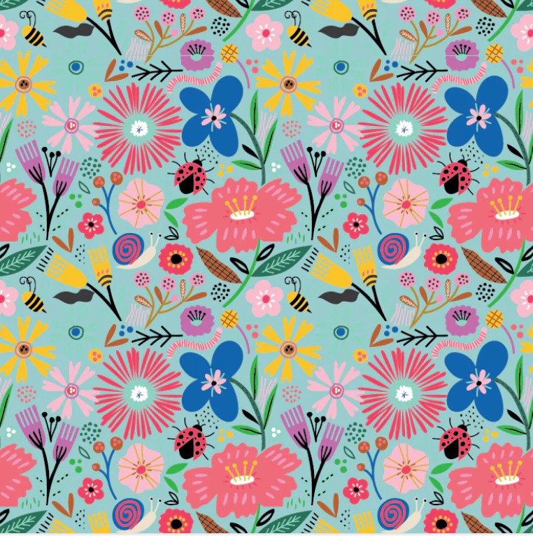 Poppie Cotton Hey Love Bug Blooming Teal quilting cotton floral fabric