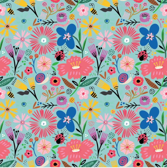Poppie Cotton Hey Love Bug Blooming Teal quilting cotton floral fabric