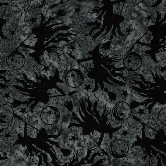 Island Batik Boo Bash Witches Moons Stars quilting fabric in Grey Tin, a hand-dyed Halloween batik