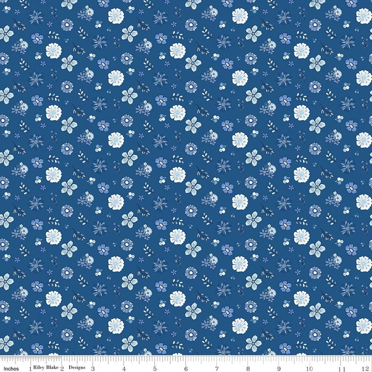 Riley Blake Denim Blue Blooms and Threads Floral C17122 quilting cotton