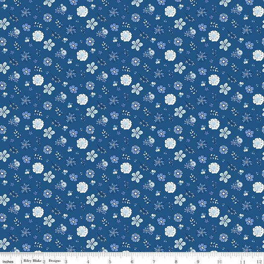 Riley Blake Denim Blue Blooms and Threads Floral C17122 quilting cotton