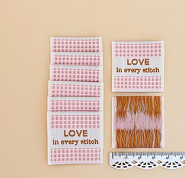 Minki Kim Pink Check Love woven labels by Riley Blake for quilts and gifts