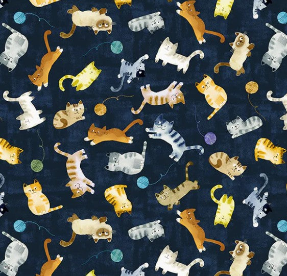 Windham Cats Around Town Playful Companions 55001-4 blue fabric