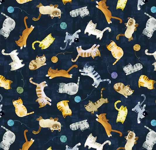 Windham Cats Around Town Playful Companions 55001-4 blue fabric