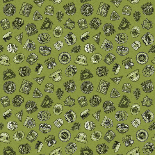 Northcott Camping Therapy green monochromatic cotton
