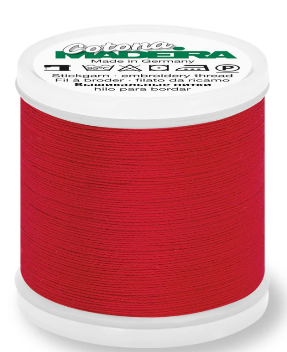 Spool of Madeira Cotona 30wt 100% cotton thread in Red, color 621