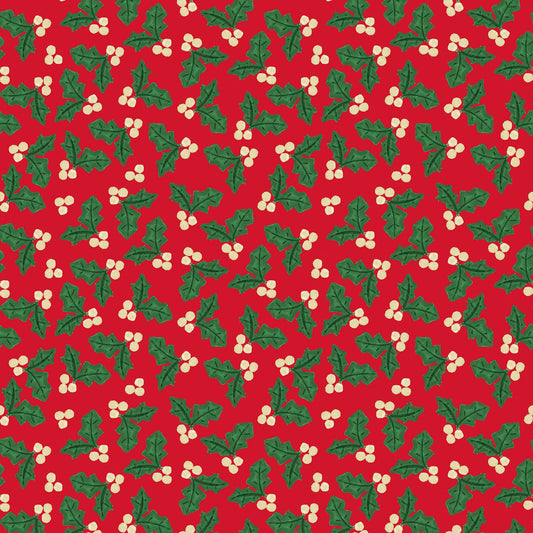 Lewis & Irene Merry Happy Christmas Holly print in festive red, BG095 cotton fabric