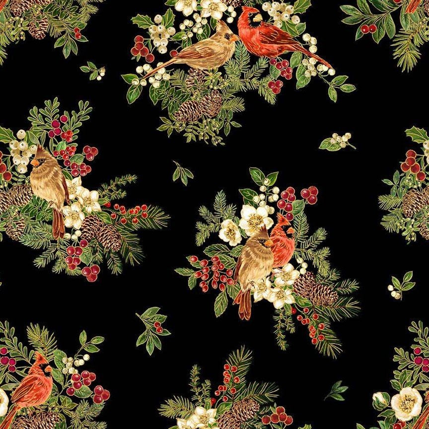 Timeless Treasures - Merry Christmas - Cardinal On Floral Metallic - Black CM4145