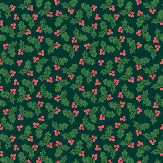 Lewis and Irene Merry Happy Christmas Bluebellgray Holly Black Forest dark BG094 cotton