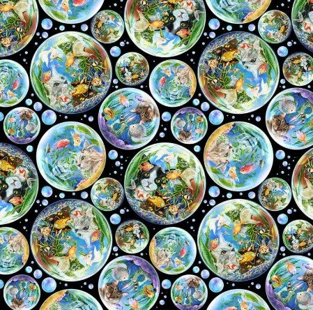 Timeless Treasures Feline Fanatic Cats in Fish Bowls black CD4150 quilting cotton
