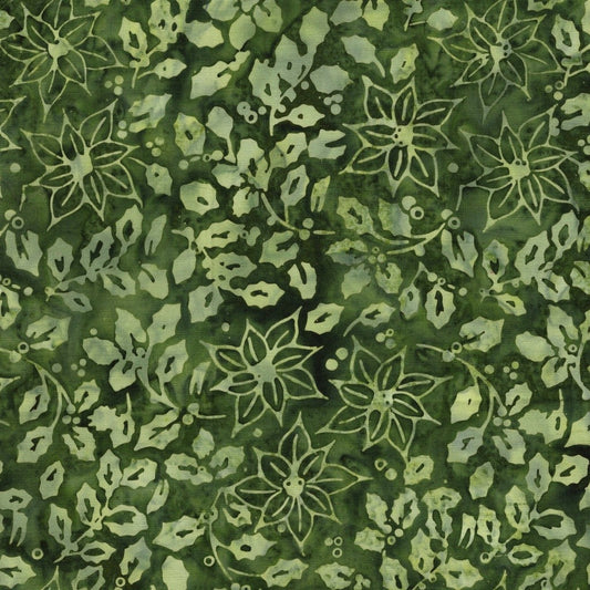 Holiday Follies Holly and Poinsettias Green Gecko hand-dyed batik quilting cotton by Lumin Fabrics