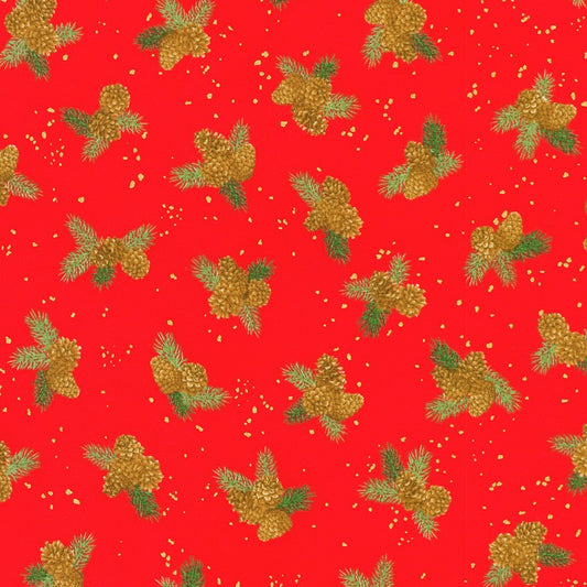 Robert Kaufman Holiday Flourish Forest Glen metallic Christmas cotton in Crimson, SKU SRKM-23707-91