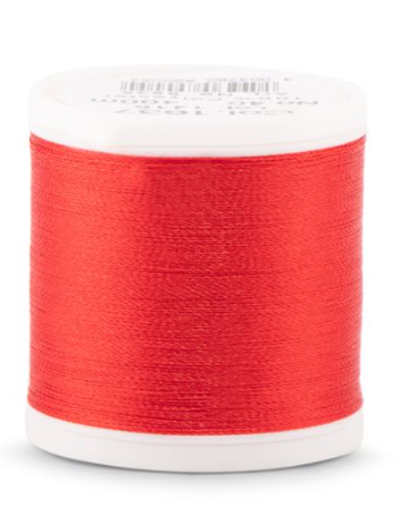Spool of Madeira Polyneon 40wt thread in Foxy Red, color 1637