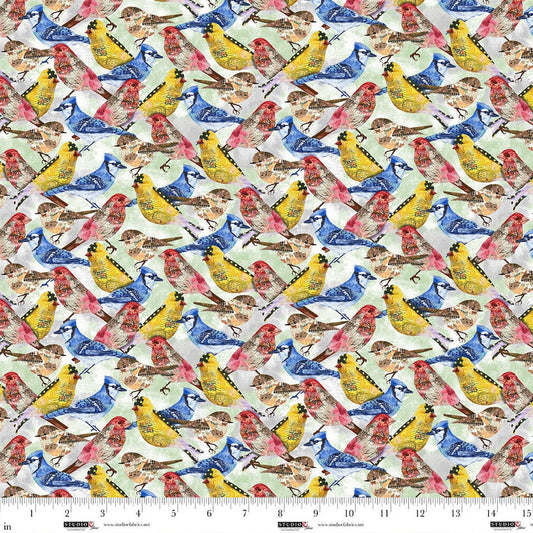 Studio E Air Mail bird crowd print 8500-278 in multi by Nancy Smith, cotton
