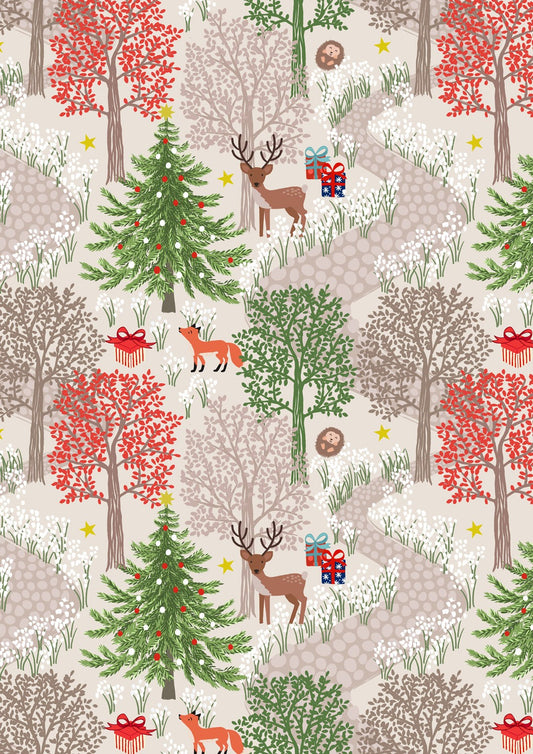Lewis and Irene Christmas in Bluebell Wood cream gold metallic C139A cotton fabric