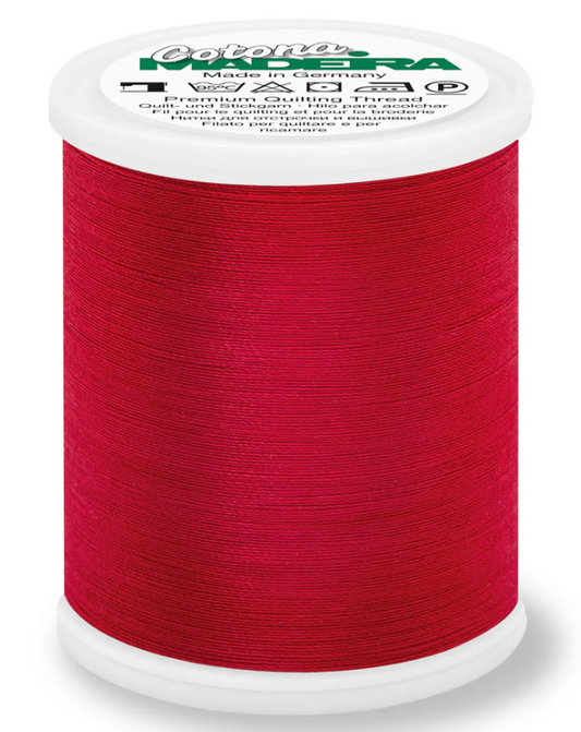 Spool of Madeira Cotona 50wt 100% cotton thread in Red, color 621
