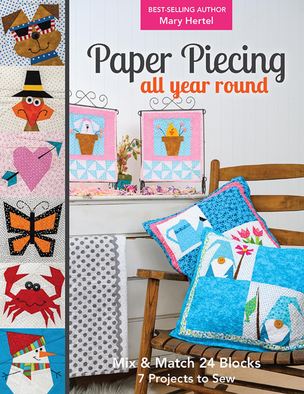 Book cover of 'Paper Piecing all year round' with quilt designs and a chair.