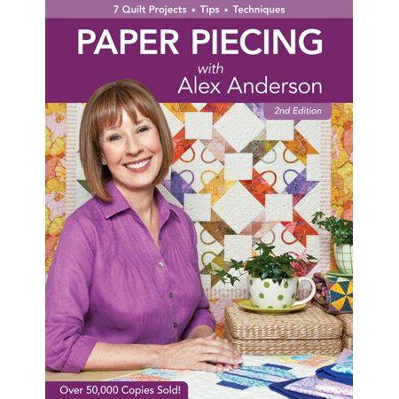 Book cover of 'Paper Piecing with Alex Anderson' featuring a woman in front of a quilt.