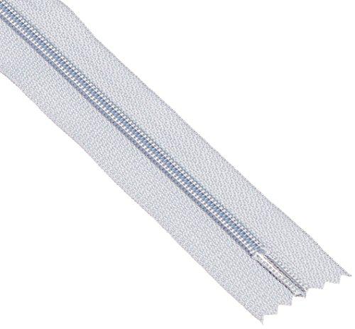 Close-up of a white zipper with blue teeth on a white background