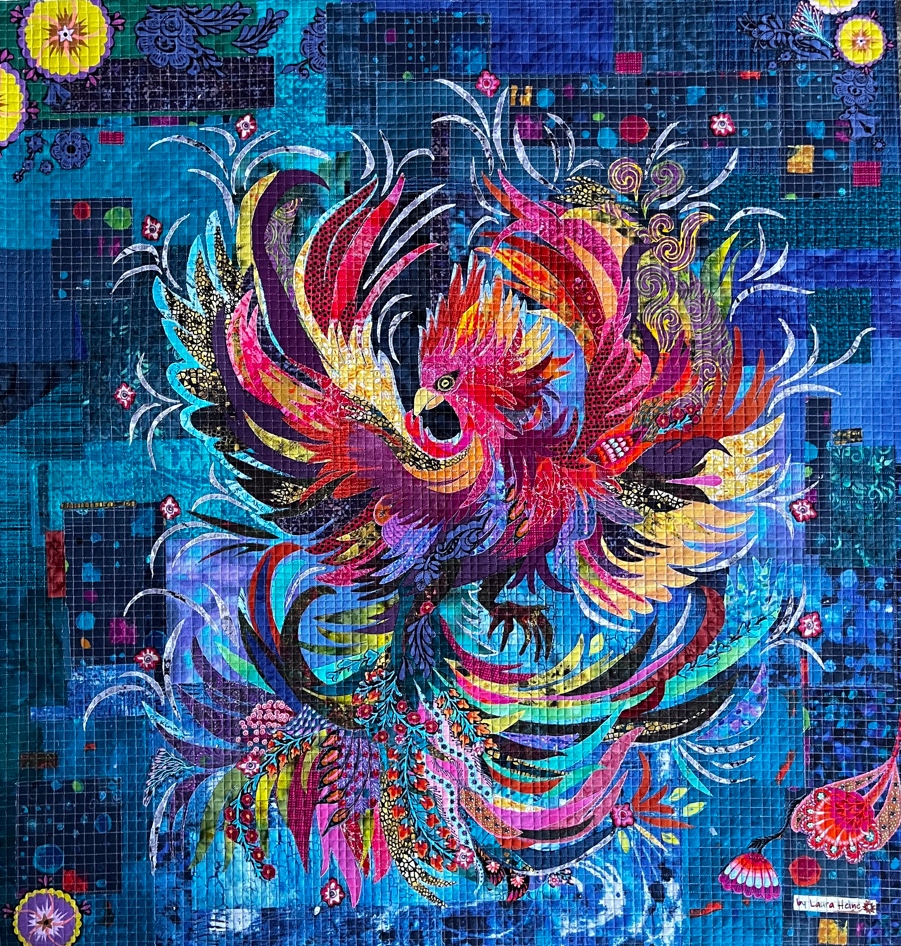 Phoenix collage quilt pattern by Laura Heine featuring a vibrant phoenix bird design