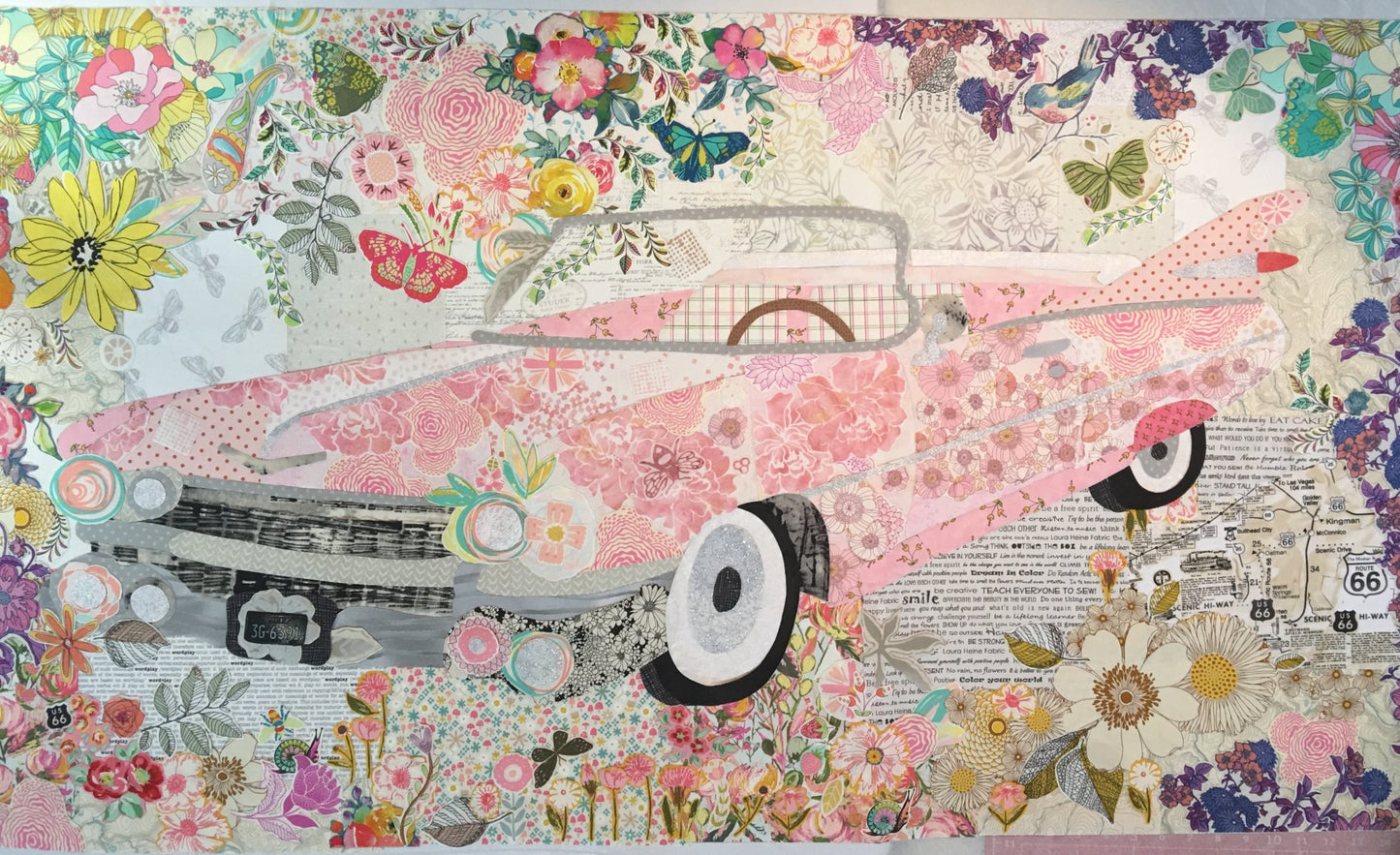 Pink Cadillac collage quilt pattern by Laura Heine featuring classic car motif in fabric collage