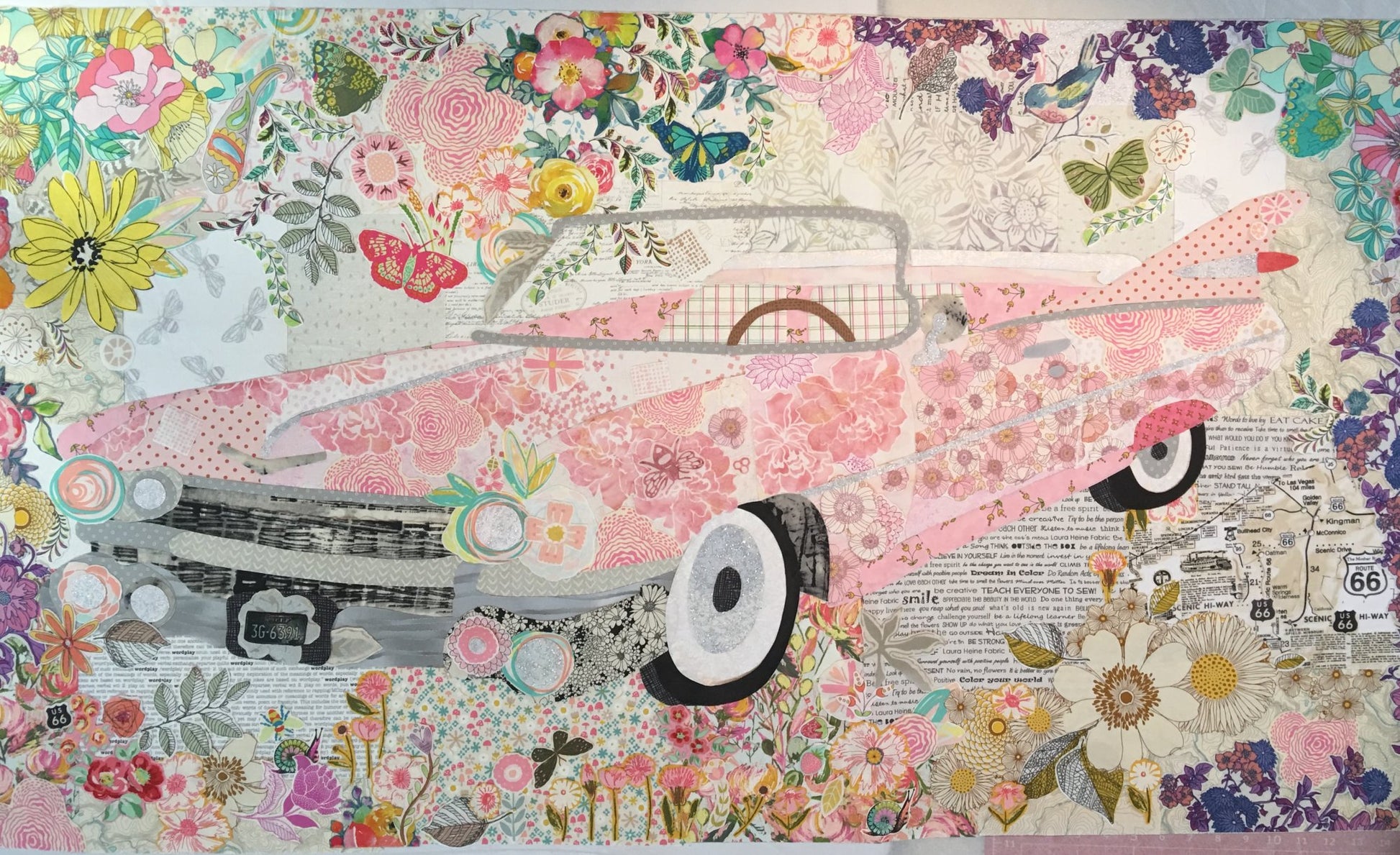 Pink Cadillac collage quilt pattern by Laura Heine featuring classic car motif in fabric collage