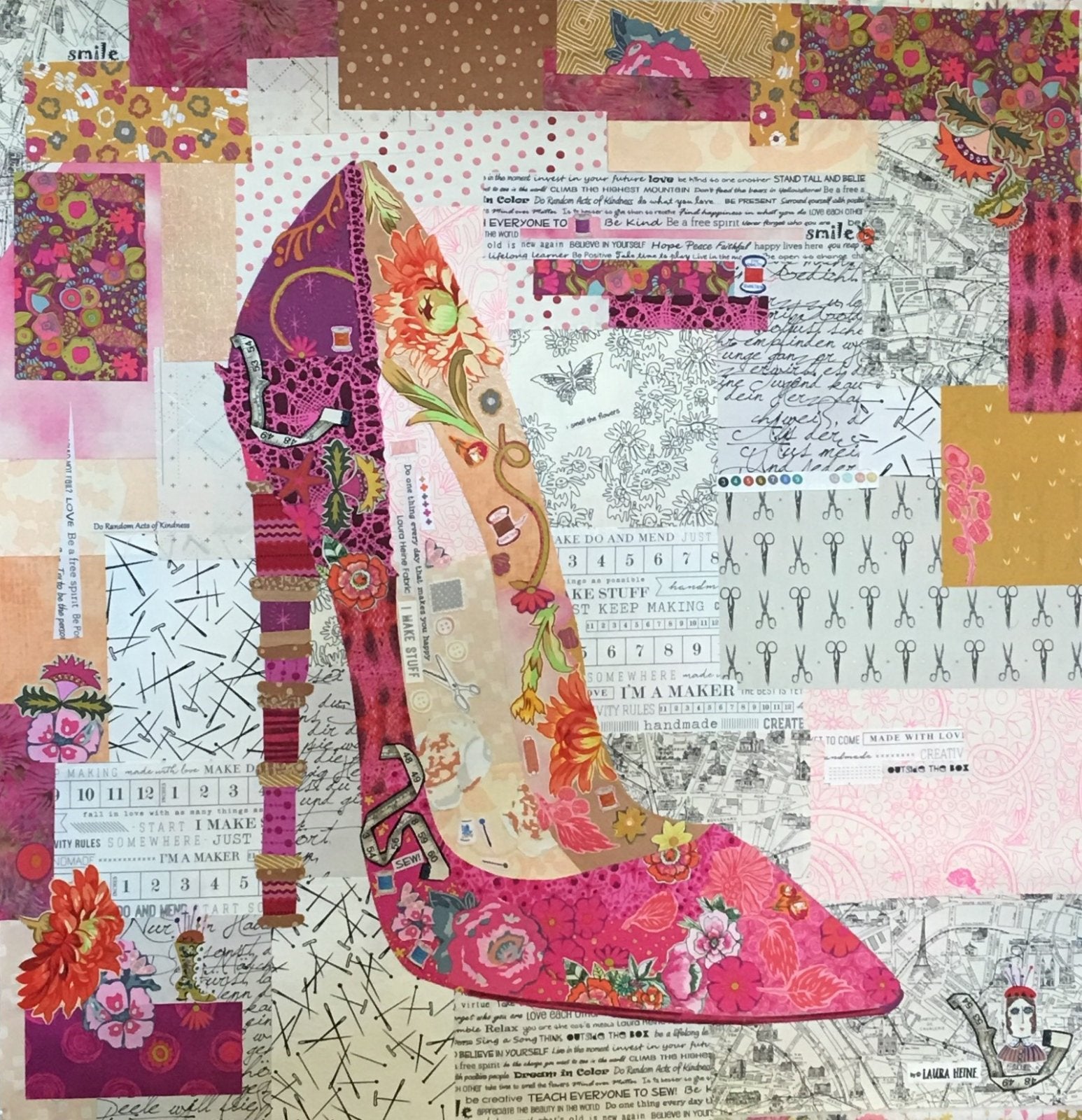 Pink Pump collage quilt pattern by Laura Heine featuring a stylish high heel fabric collage design
