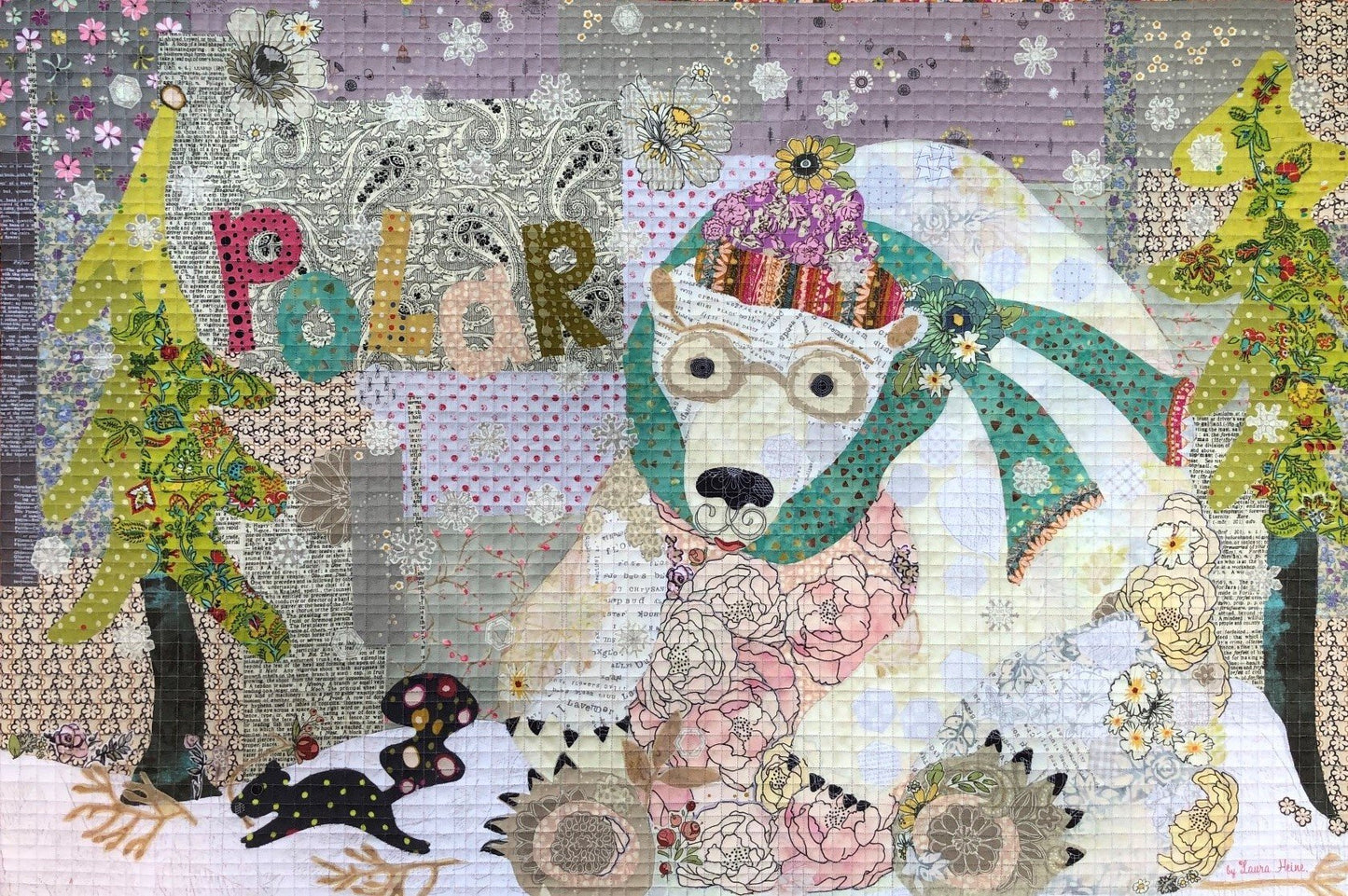 Polar Bear collage quilt pattern by Laura Heine featuring winter animal fused fabric design