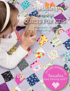Child working on a colorful quilt with text about JenSisters quilts for kids.