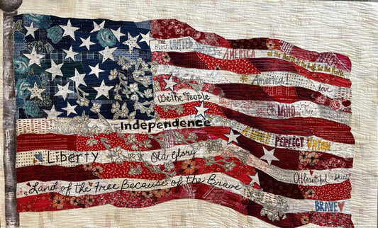 Red, White, and Blue Flag collage fabric kit by Laura Heine featuring stars and stripes design