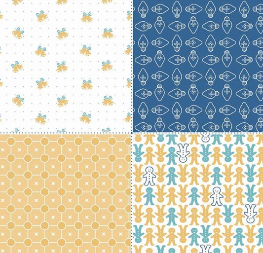 Four-section Christmas fat quarter panel with bells, navy Christmas lights, golden geometric print, and gingerbread figures.
