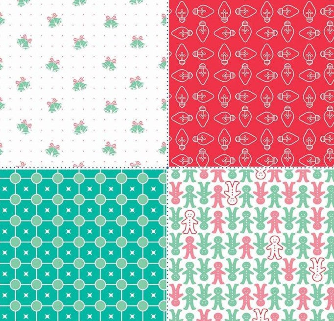 Four-piece Christmas fat quarter panel with bells, red Christmas lights, teal geometric print, and pink/green gingerbread figures.